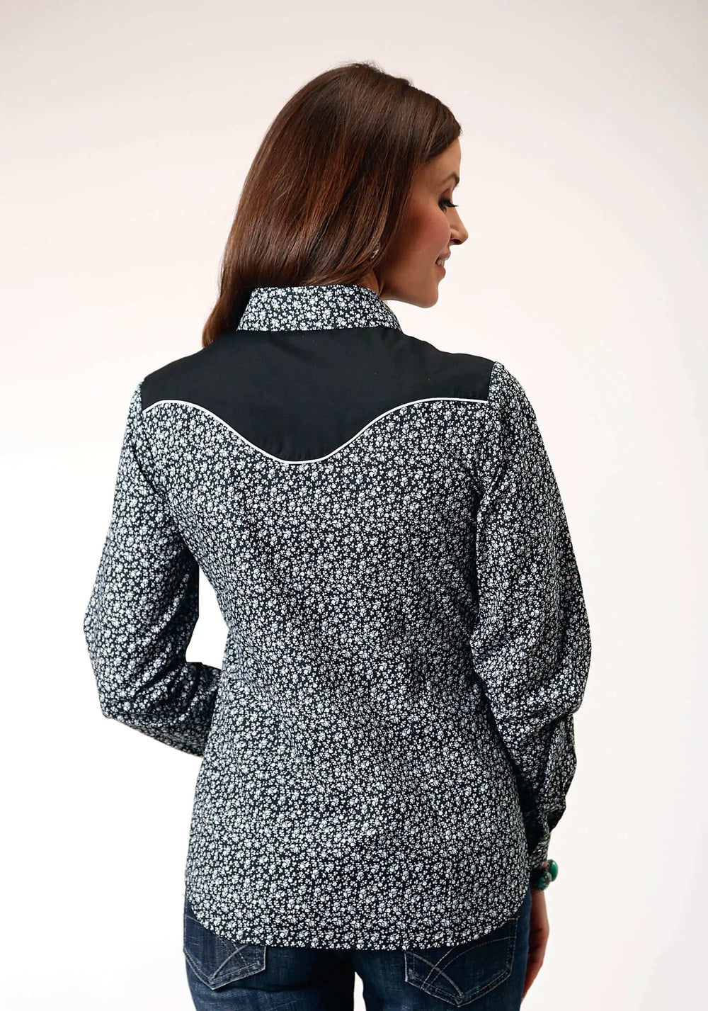 Roper Womens Long Sleeve Snap Black White Floral Print Western Shirt With Piping And Applique On Yokes - Roper - Flyclothing LLC