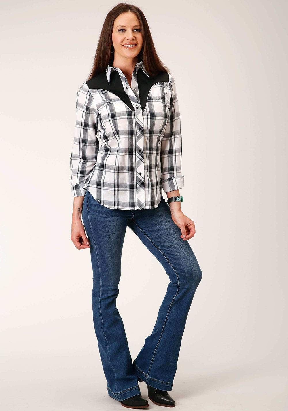 Roper Womens Long Sleeve Snap White Black Grey Plaid Western Shirt With Piping Contrast Yokes And Applique - Roper - Flyclothing LLC