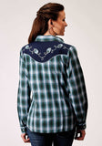 Roper Womens Long Sleeve Snap Ocean Plaid Western Shirt With Fancy Curved Yokes Applique On Back Yoke - Roper - Flyclothing LLC