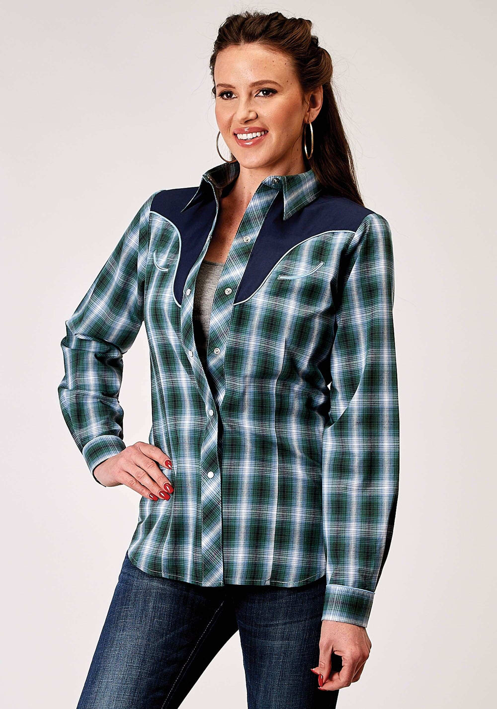 Roper Womens Long Sleeve Snap Ocean Plaid Western Shirt With Fancy Curved Yokes Applique On Back Yoke - Roper - Flyclothing LLC