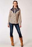 Roper Womens Long Sleeve Snap Brown Plaid Western Shirt With Fancy Curved Yokes Applique On Front Yoke - Roper - Flyclothing LLC