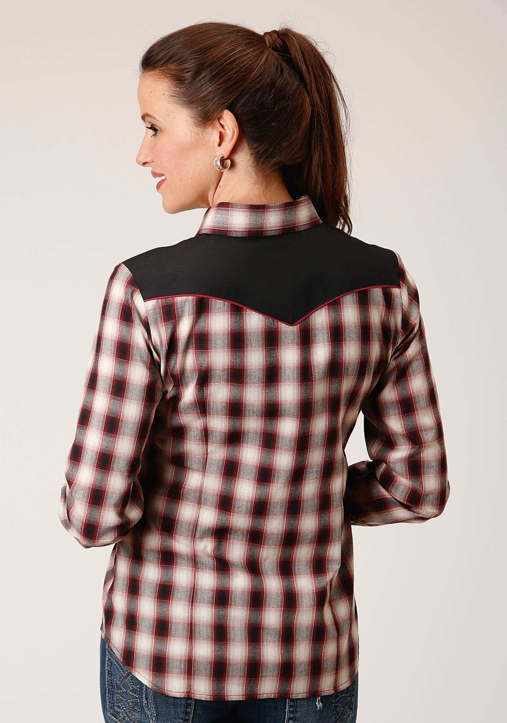 Roper Womens Long Sleeve Snap Wine Black Cream Plaid Western Shirt With Piping And Applique On Yokes - Roper - Flyclothing LLC