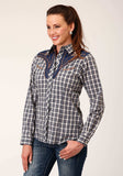 Roper Womens Long Sleeve Snap Navy Cream Tan Small Scale Plaid Western Shirt With Piping And Applique On Yokes - Roper - Flyclothing LLC