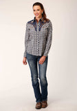 Roper Womens Long Sleeve Snap Navy Cream Tan Small Scale Plaid Western Shirt With Piping And Applique On Yokes - Roper - Flyclothing LLC