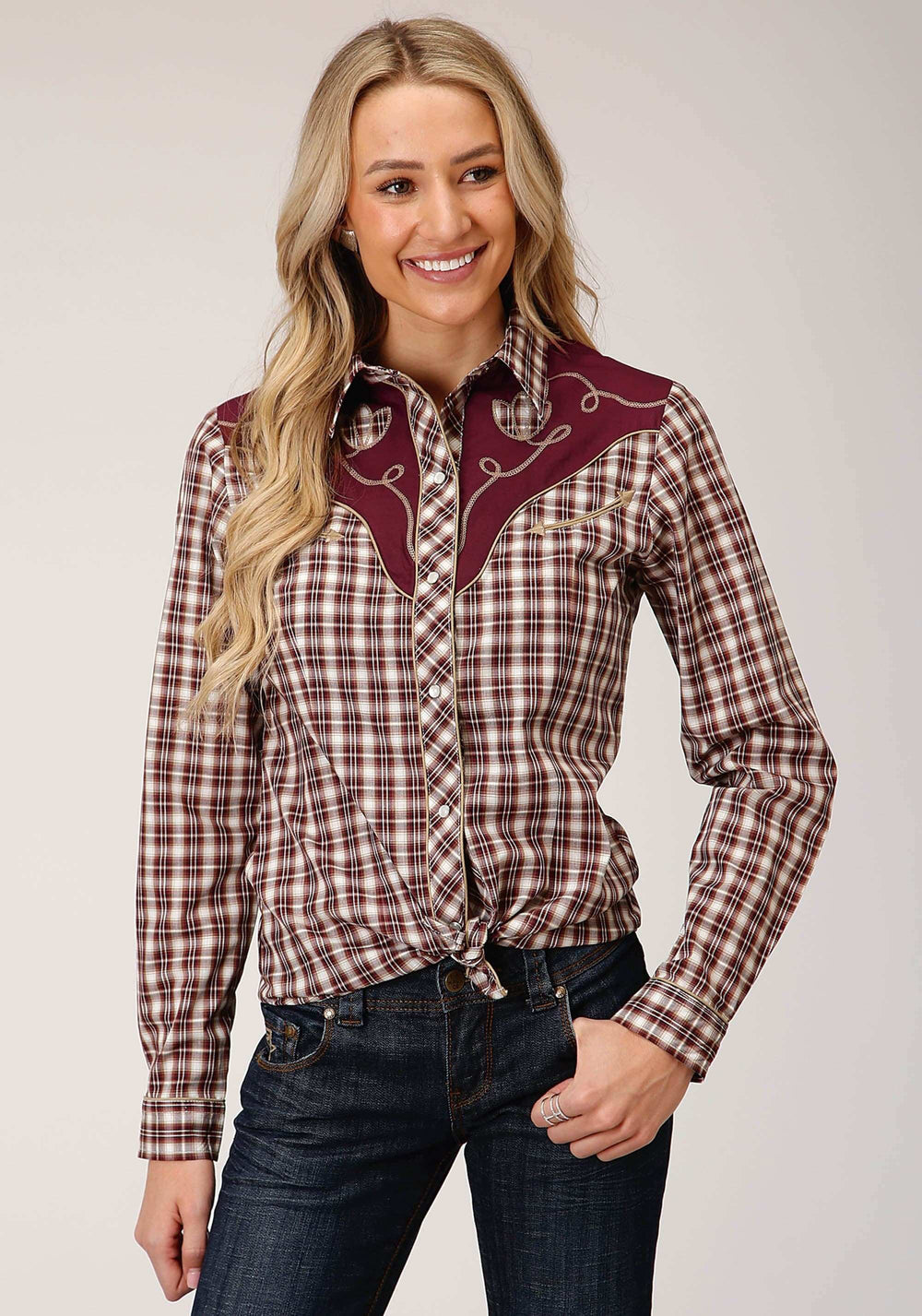 Roper Womens Long Sleeve Snap Wine Cream Tan Small Scale Plaid Western Shirt - Roper - Flyclothing LLC