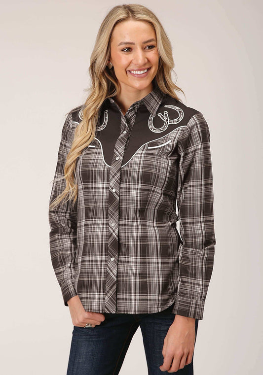 Roper Womens Long Sleeve Snap Chocolate And Cream Plaid Western Shirt - Roper - Flyclothing LLC