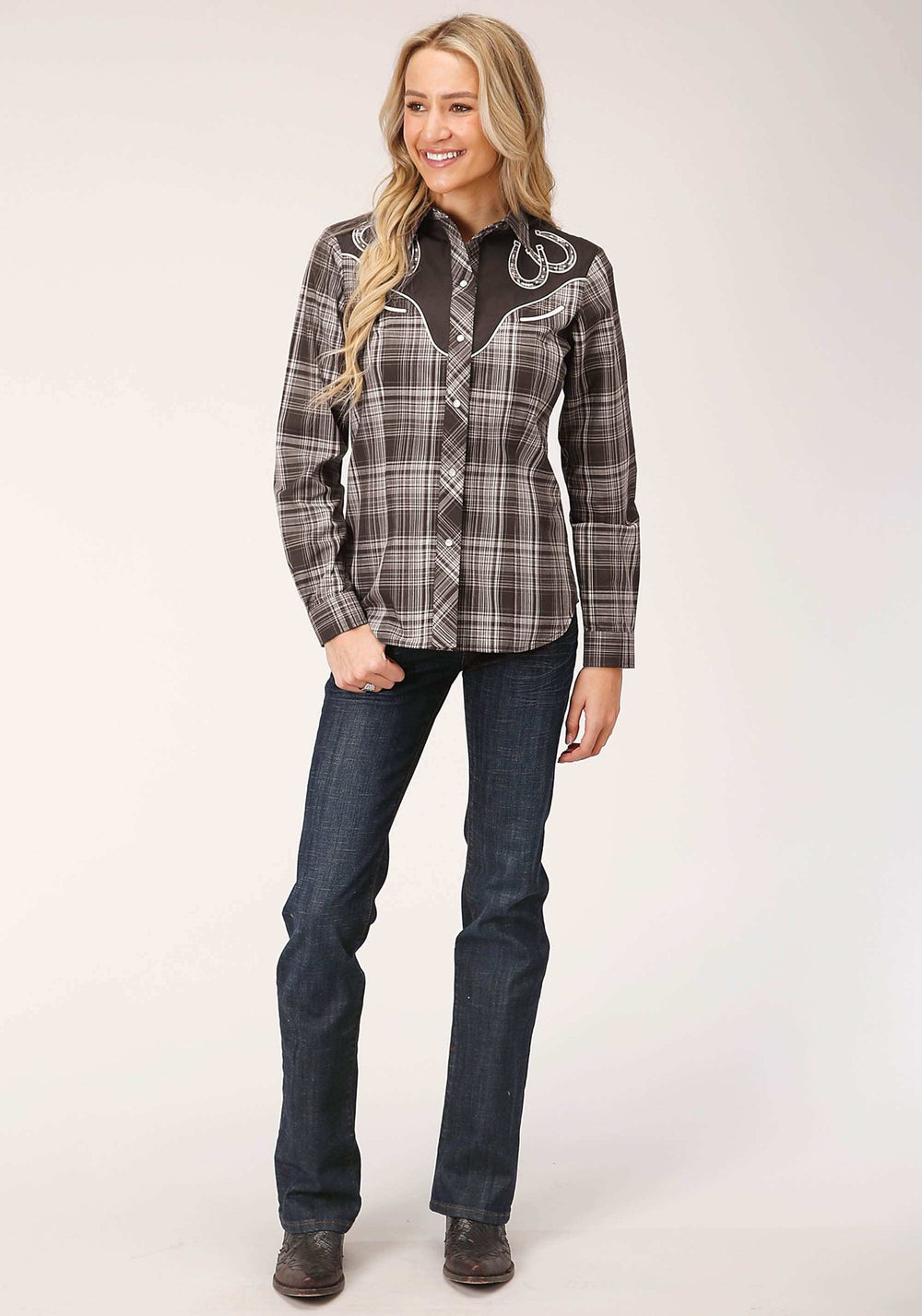Roper Womens Long Sleeve Snap Chocolate And Cream Plaid Western Shirt - Roper - Flyclothing LLC