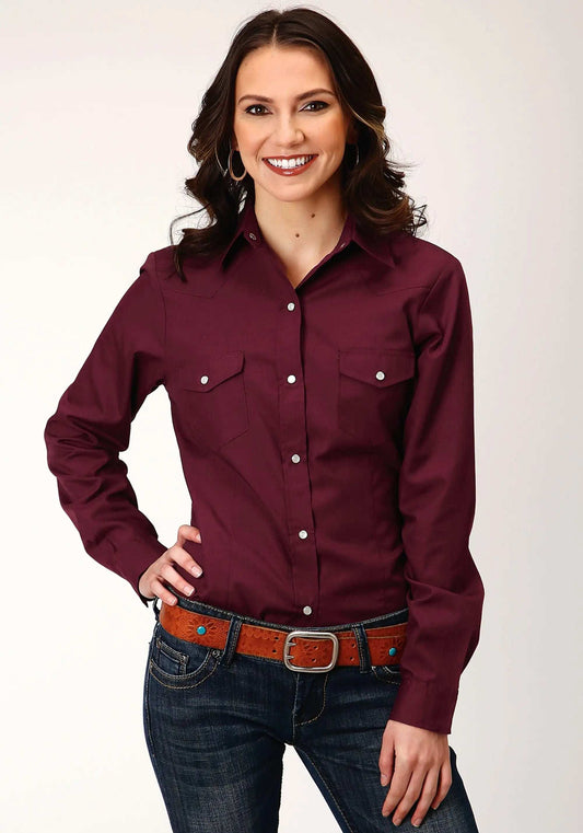 Roper Womens Long Sleeve Snap Solid Broadcloth Wine Western Shirt - Roper - Flyclothing LLC