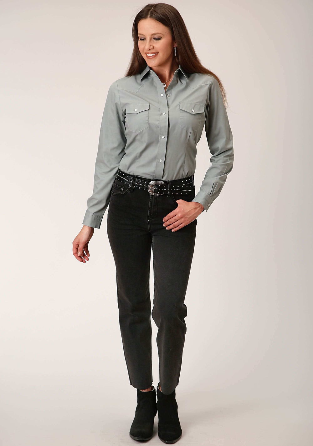 Roper Womens Long Sleeve Snap Solid Broadcloth Dusty Green Western Shirt - Roper - Flyclothing LLC