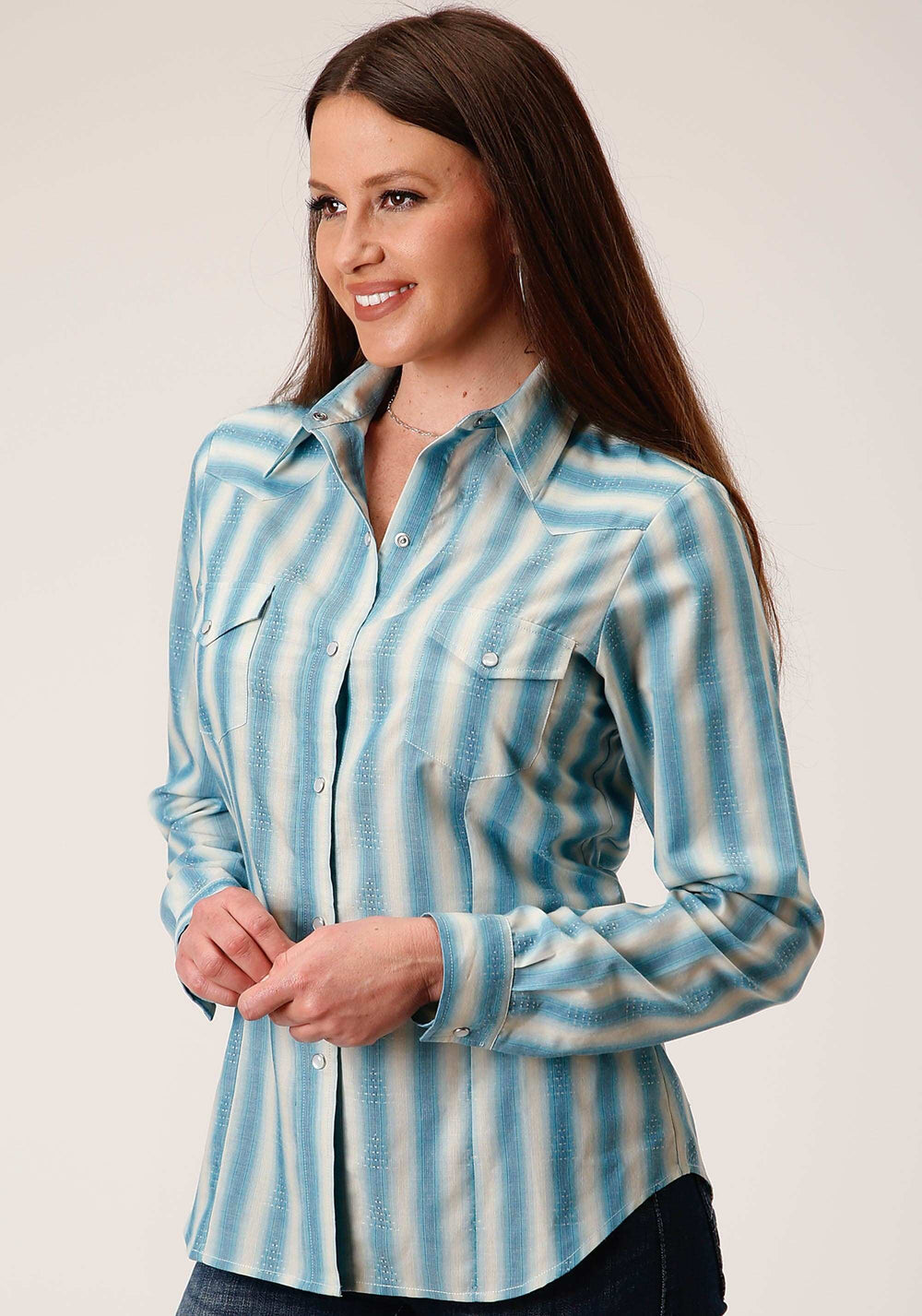 Roper Womens Long Sleeve Snap Aqua And Cream Ombre Stripe Western Shirt - Roper - Flyclothing LLC