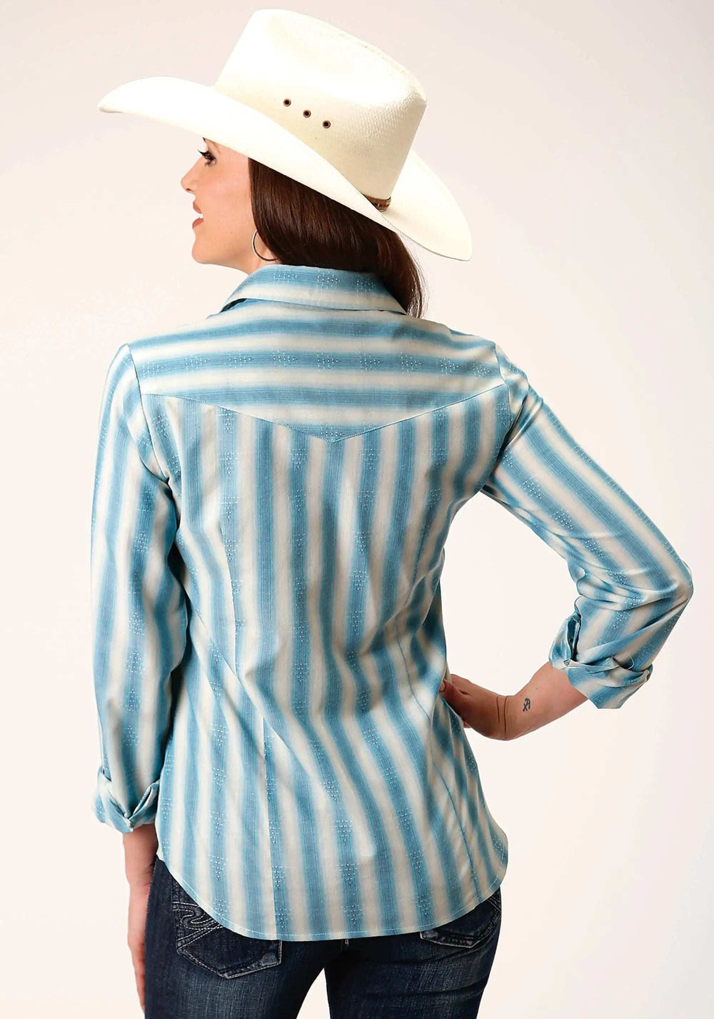 Roper Womens Long Sleeve Snap Aqua And Cream Ombre Stripe Western Shirt - Roper - Flyclothing LLC