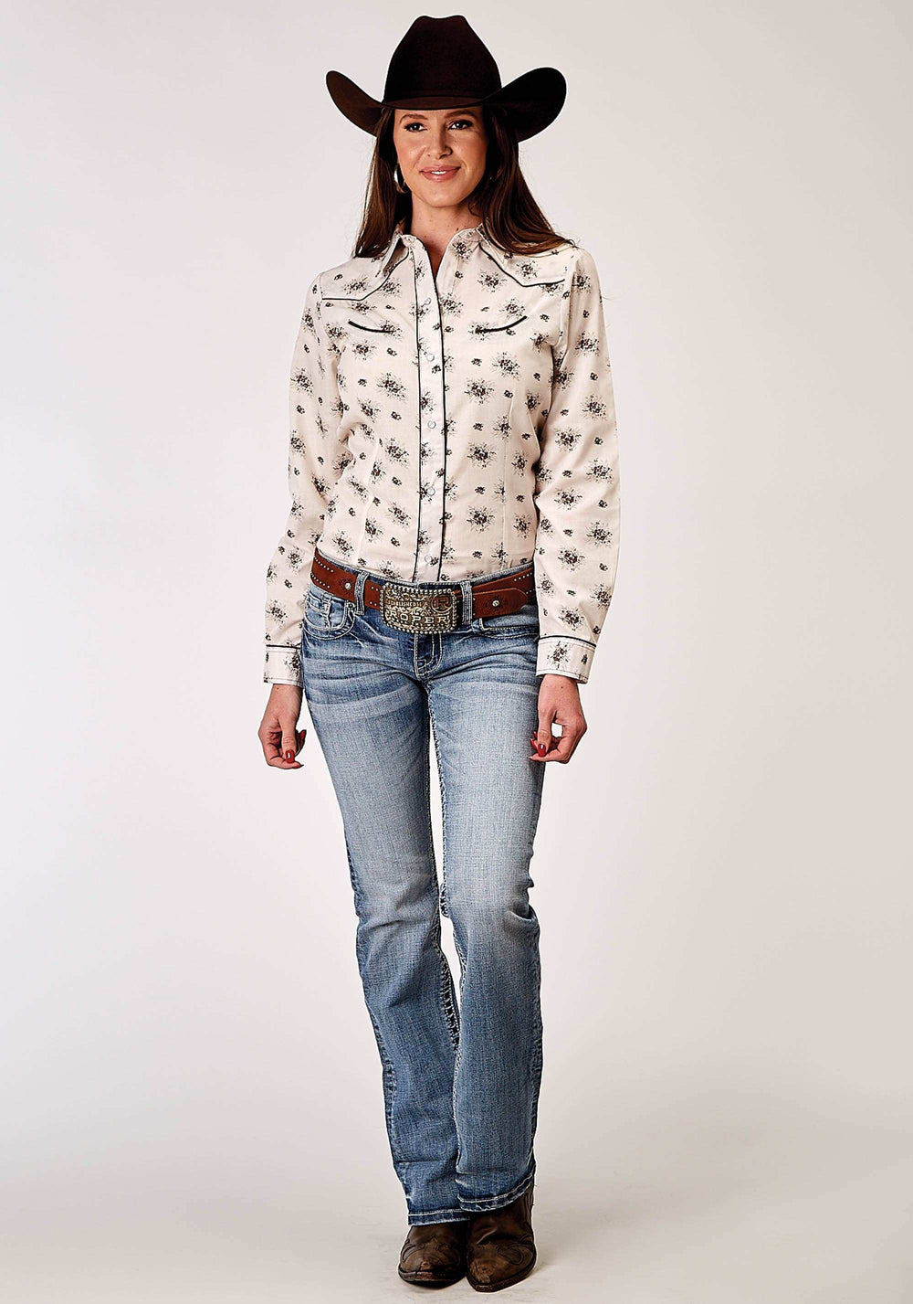 Roper Womens Long Sleeve Snap Vintage Floral Western Shirt With Solid Piping On Front And Back Yokes Smile Pockets - Roper - Flyclothing LLC