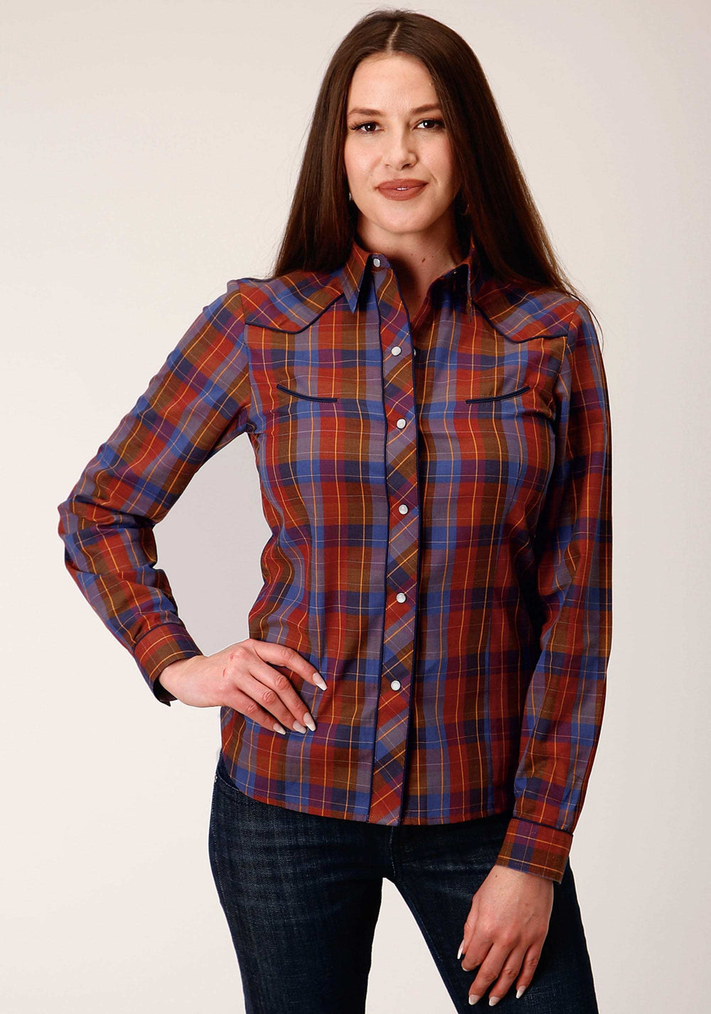 Roper Womens Long Sleeve Snap Wine And Peri Windowpane Western Shirt - Roper - Flyclothing LLC