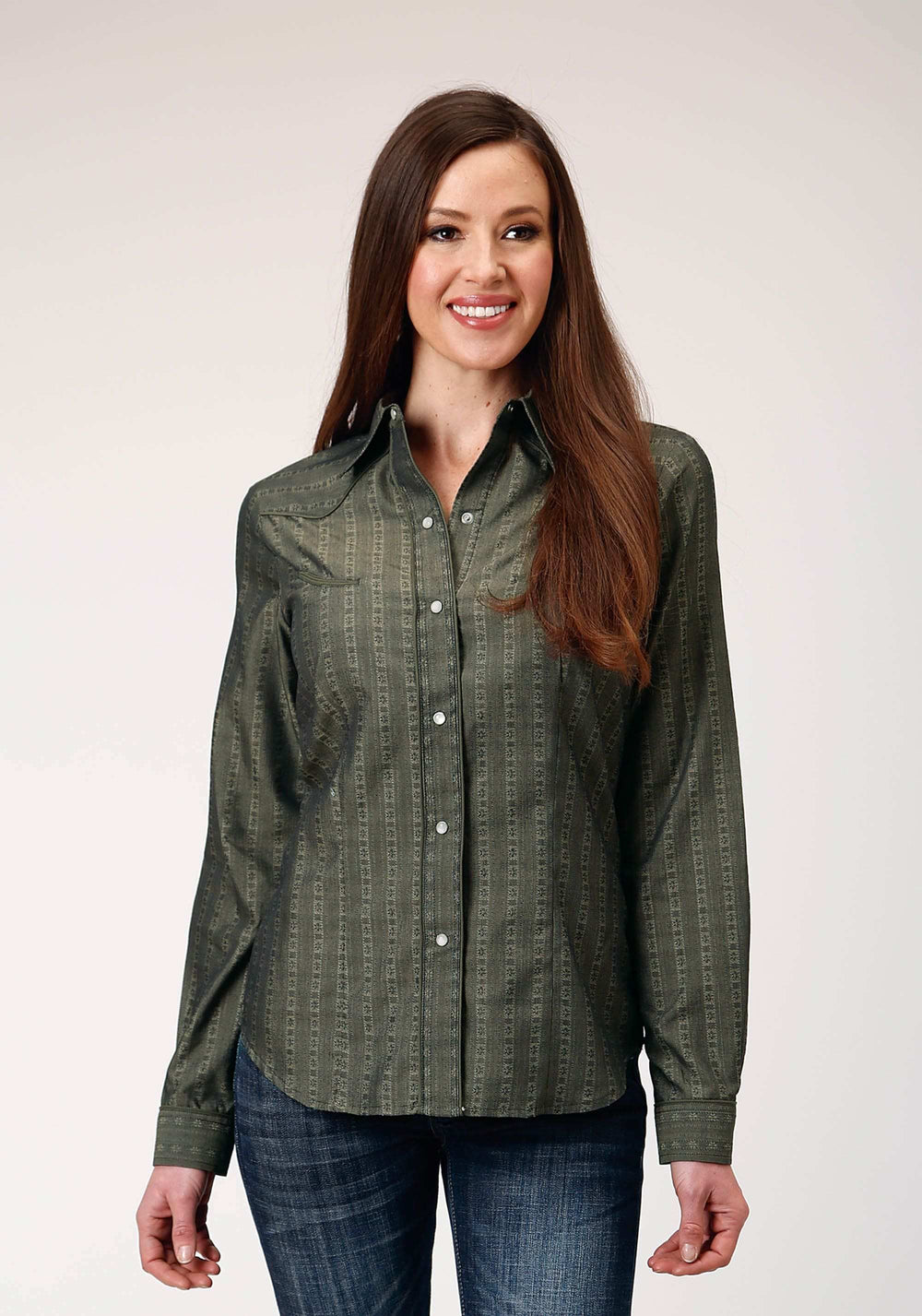Roper Womens Long Sleeve Snap Grey Floral Tone On Tone Strip Western Shirt With Solid Piping And Smile Pockets - Roper - Flyclothing LLC