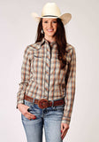 Roper Womens Long Sleeve Snap Brown Plaid Western Shirt With Solid Piping On Front And Back Yokes Smile Pockets - Roper - Flyclothing LLC