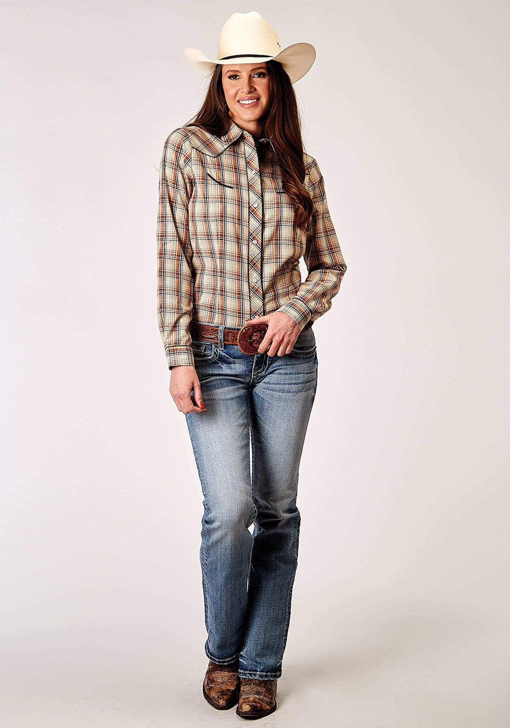 Roper Womens Long Sleeve Snap Brown Plaid Western Shirt With Solid Piping On Front And Back Yokes Smile Pockets - Roper - Flyclothing LLC