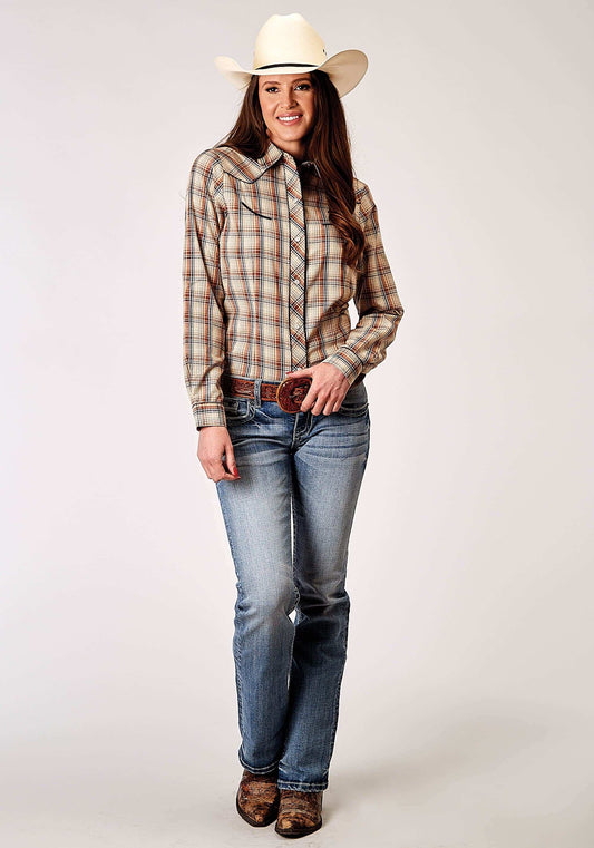 Roper Womens Long Sleeve Snap Brown Plaid Western Shirt With Solid Piping On Front And Back Yokes Smile Pockets - Roper - Flyclothing LLC
