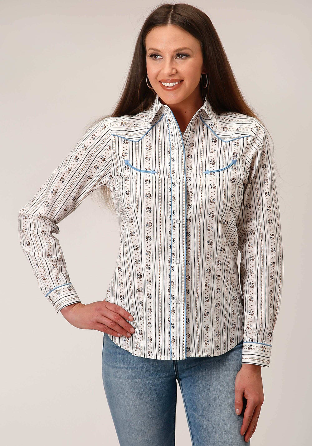 Roper Womens Long Sleeve Snap Brown And Blue Wallpaper Stripe Western Shirt - Roper - Flyclothing LLC