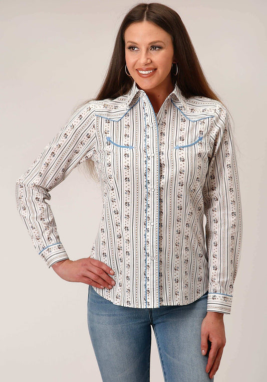 Roper Womens Long Sleeve Snap Brown And Blue Wallpaper Stripe Western Shirt - Roper - Flyclothing LLC