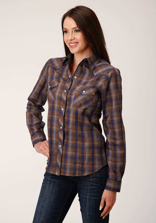 Roper Womens Long Sleeve Snap Blue Camel Brown Plaid Western Shirt With Contrast Solid Piping And Pockets - Roper - Flyclothing LLC