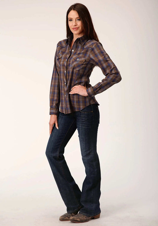 Roper Womens Long Sleeve Snap Blue Camel Brown Plaid Western Shirt With Contrast Solid Piping And Pockets - Roper - Flyclothing LLC