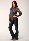 Roper Womens Long Sleeve Snap Blue Camel Brown Plaid Western Shirt With Contrast Solid Piping And Pockets - Roper - Flyclothing LLC