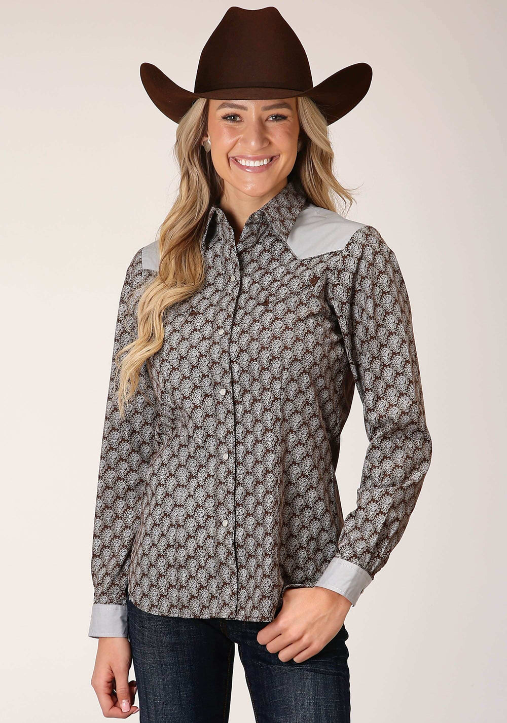 Roper Womens Long Sleeve Snap Chocolate And Cream Teardrop Print Western Shirt - Roper - Flyclothing LLC