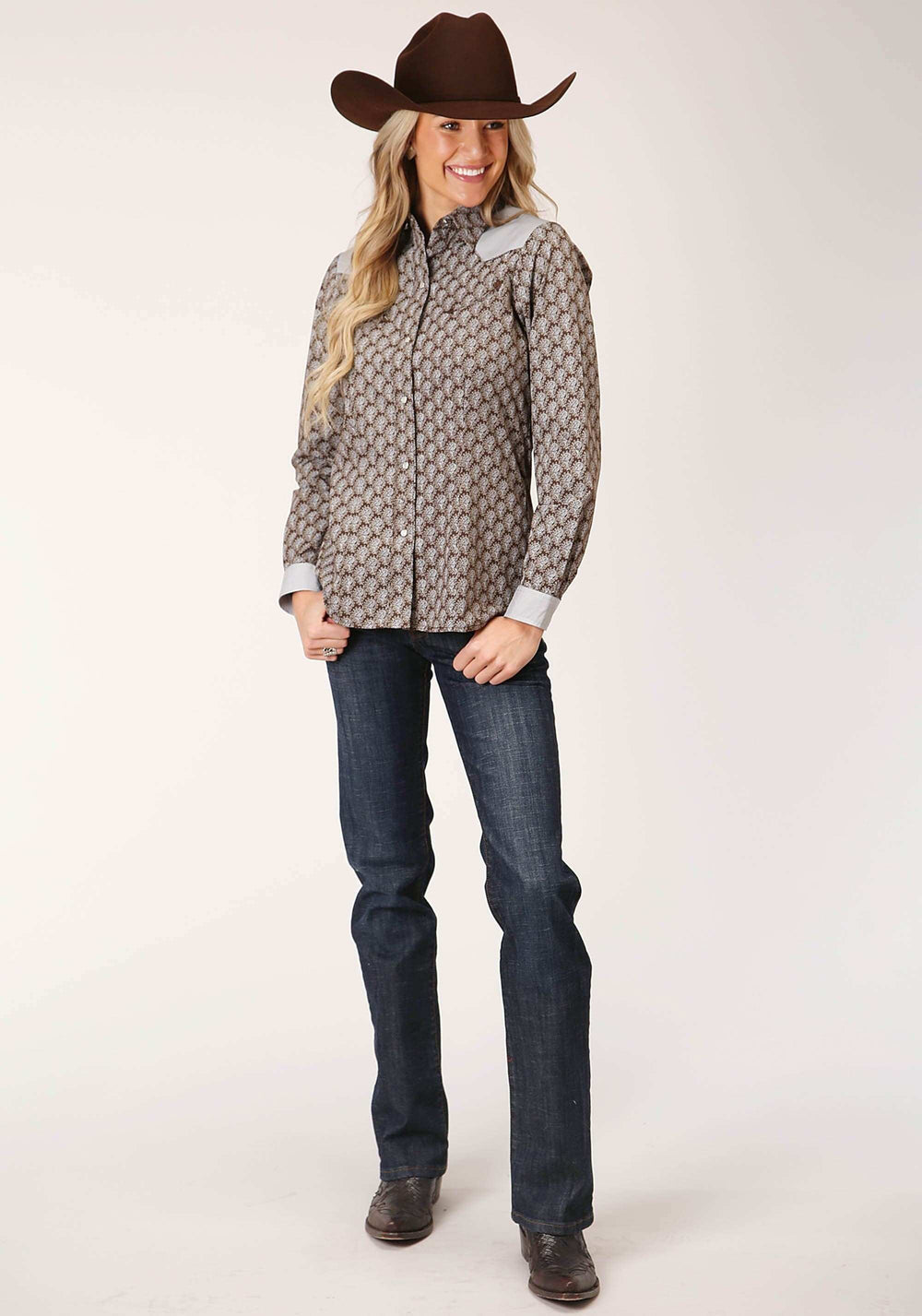 Roper Womens Long Sleeve Snap Chocolate And Cream Teardrop Print Western Shirt - Roper - Flyclothing LLC