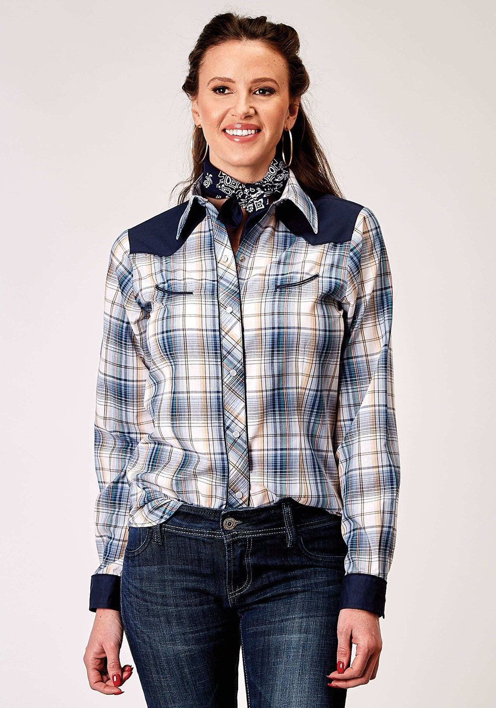 Roper Womens Long Sleeve Snap Madris Plaid Plaid Western Shirt With Piping Solid Yokes Smile Pockets - Roper - Flyclothing LLC