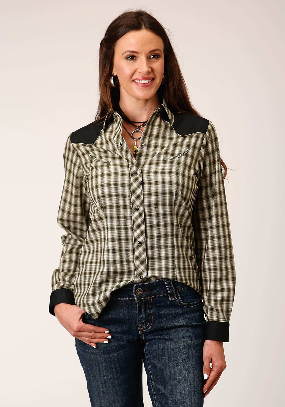Roper Womens Long Sleeve Snap Olive Black Cream Windowpane Plaid Western Shirt With Piping Contrast Yokes And Smile Pckts - Roper - Flyclothing LLC