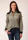 Roper Womens Long Sleeve Snap Olive Black Cream Windowpane Plaid Western Shirt With Piping Contrast Yokes And Smile Pckts - Roper - Flyclothing LLC