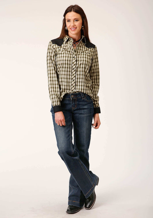 Roper Womens Long Sleeve Snap Olive Black Cream Windowpane Plaid Western Shirt With Piping Contrast Yokes And Smile Pckts - Roper - Flyclothing LLC