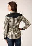 Roper Womens Long Sleeve Snap Olive Black Cream Windowpane Plaid Western Shirt With Piping Contrast Yokes And Smile Pckts - Roper - Flyclothing LLC