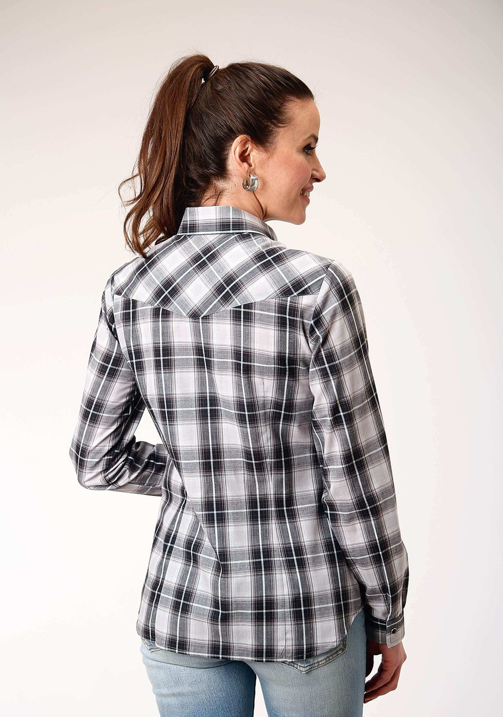 Roper Womens Long Sleeve Snap Black Aqua Grey Plaid Western Shirt - Roper - Flyclothing LLC