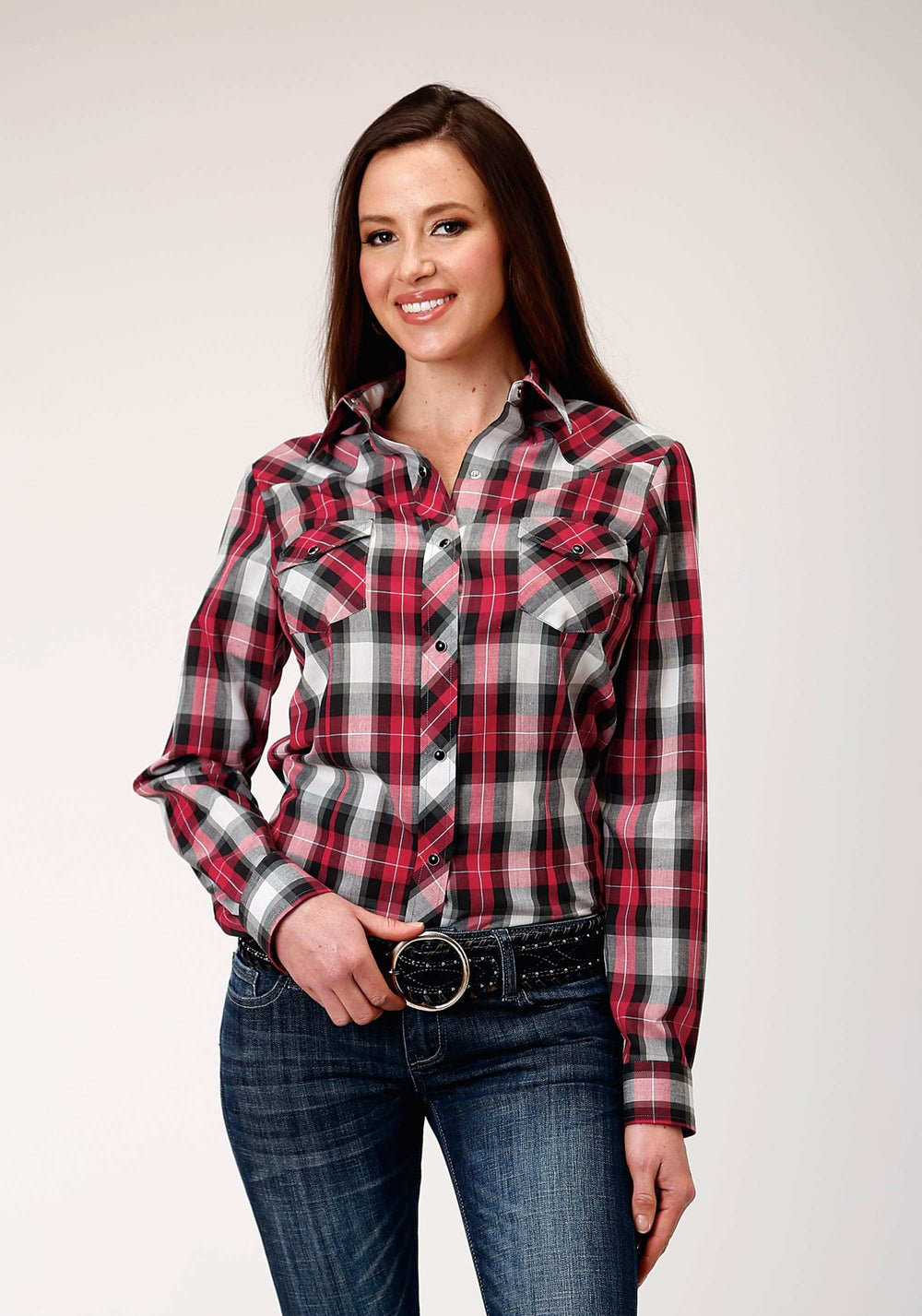 Roper Womens Long Sleeve Snap Red Black Grey Plaid Western Shirt - Roper - Flyclothing LLC