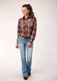 Roper Womens Long Sleeve Snap Brown Navy Cream Plaid Western Shirt - Roper - Flyclothing LLC