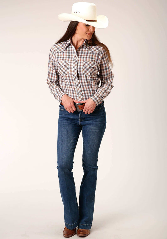 Roper Womens Long Sleeve Snap Navy Gold Rust Windowpaind Plaid Western Shirt - Roper - Flyclothing LLC