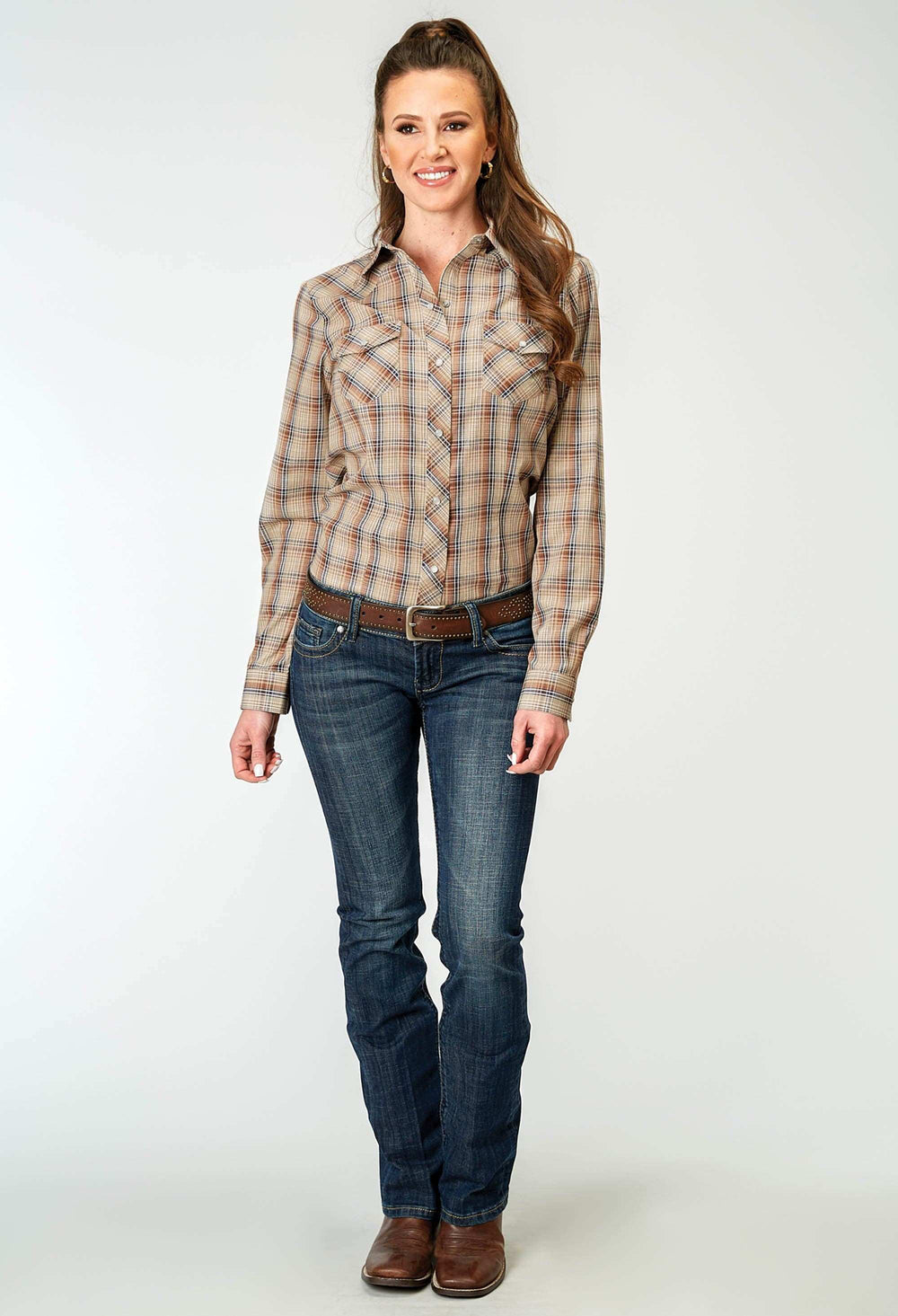 Roper Womens Long Sleeve Snap Brown Plaid Western Shirt - Roper - Flyclothing LLC
