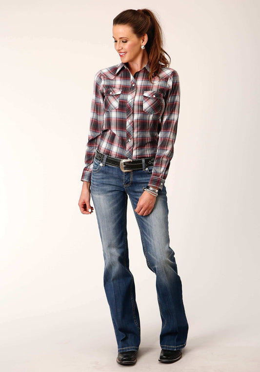Roper Womens Long Sleeve Snap Red Black White Plaid Western Shirt - Roper - Flyclothing LLC