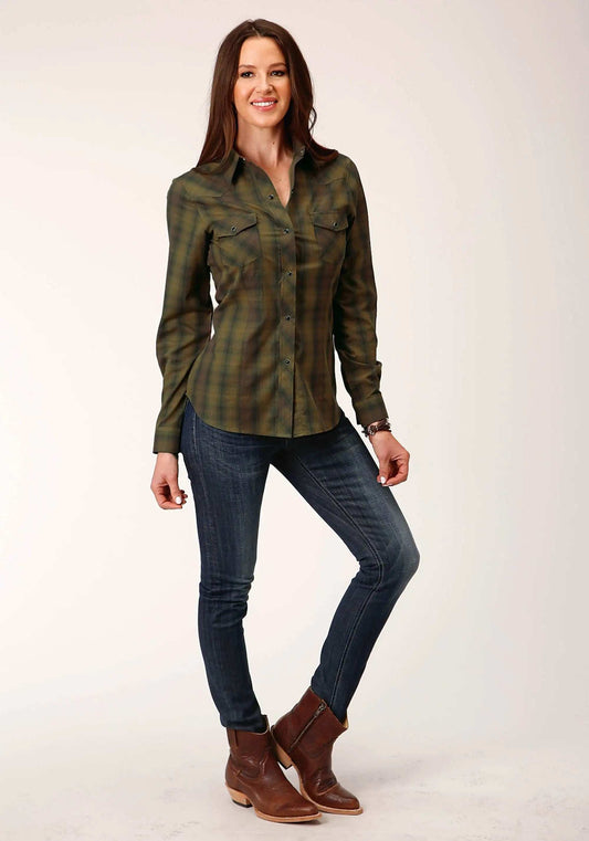 Roper Womens Long Sleeve Snap Black Gold Plaid Western Shirt - Roper - Flyclothing LLC