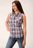Roper Womens Sleeveless Snap Wine Navy White Plaid Western Shirt - Roper - Flyclothing LLC