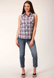 Roper Womens Sleeveless Snap Wine Navy White Plaid Western Shirt - Roper - Flyclothing LLC