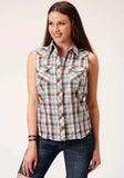 Roper Womens Sleeveless Snap Brown Blue And White Plaid Western Shirt - Roper - Flyclothing LLC