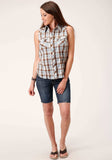 Roper Womens Sleeveless Snap Brown Blue And White Plaid Western Shirt - Roper - Flyclothing LLC