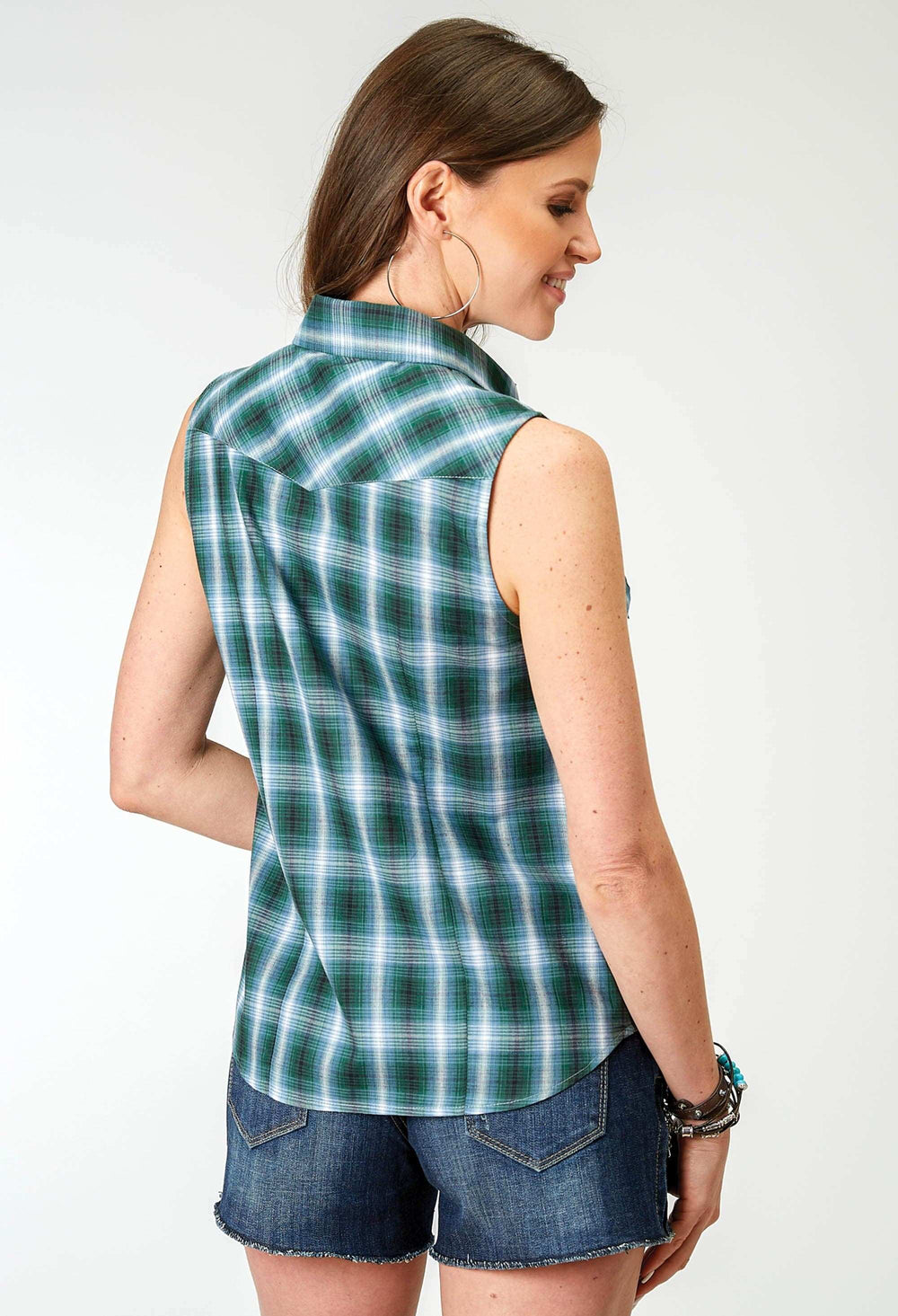 Roper Womens Sleeveless Snap Ocean Plaid Western Shirt - Roper - Flyclothing LLC
