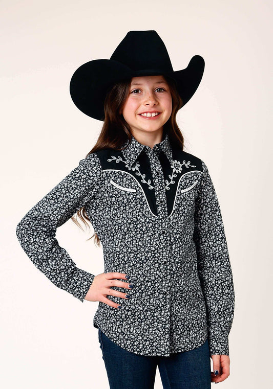 Roper Girls Long Sleeve Snap Black White Floral Print Western Shirt With Piping And Applique On Yokes - Roper - Flyclothing LLC