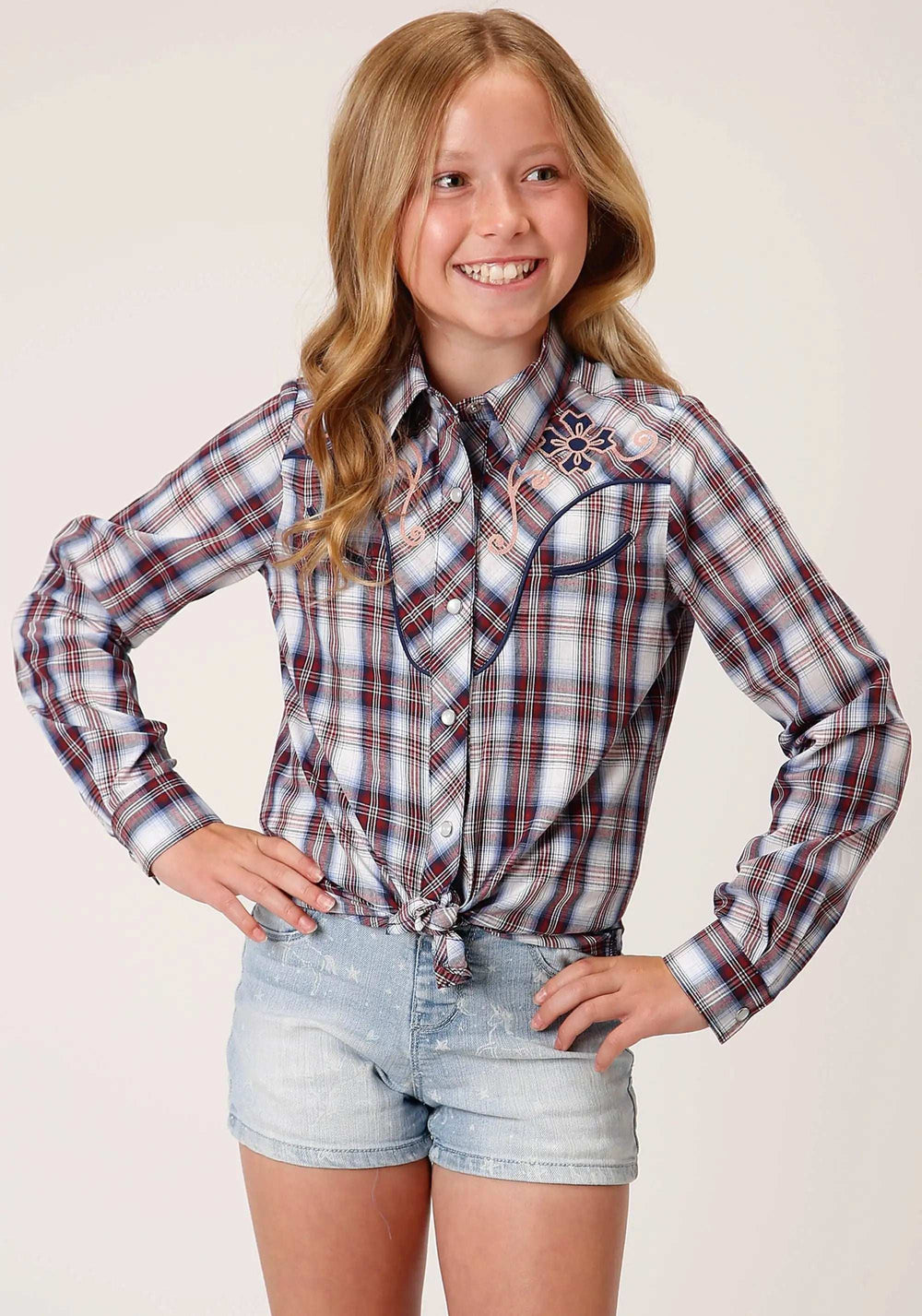 Roper Girls Long Sleeve Snap Wine Navy And White Plaid Western Shirt With Piping Contrast Yokes And Applique - Roper - Flyclothing LLC