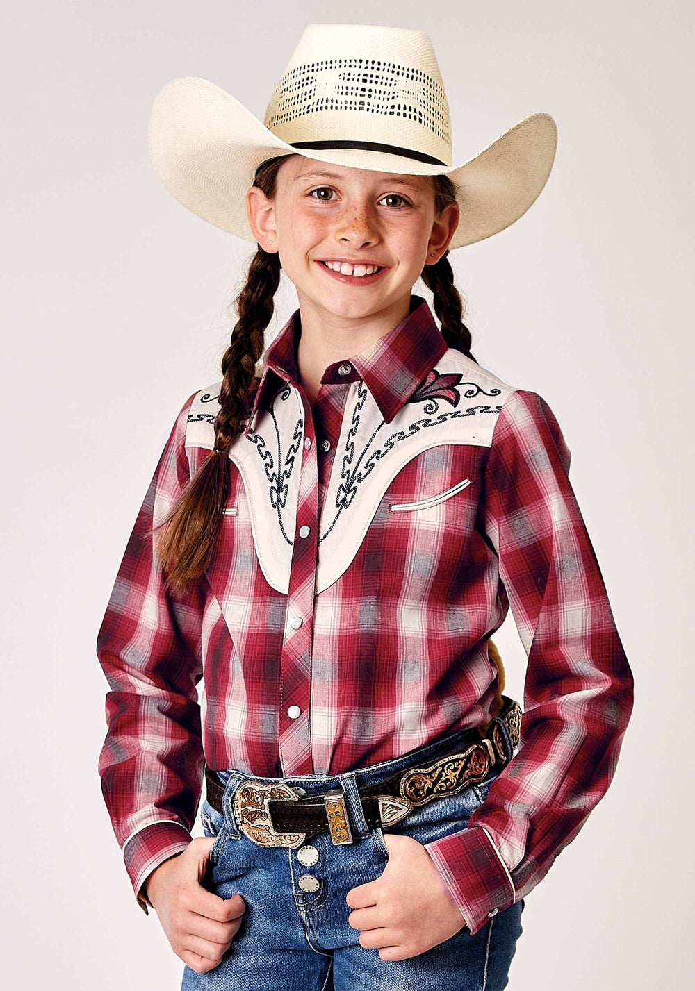 Roper Girls Long Sleeve Snap Red Plaid Western Shirt With Fancy Curved Yokes Applique On Front Yoke - Roper - Flyclothing LLC