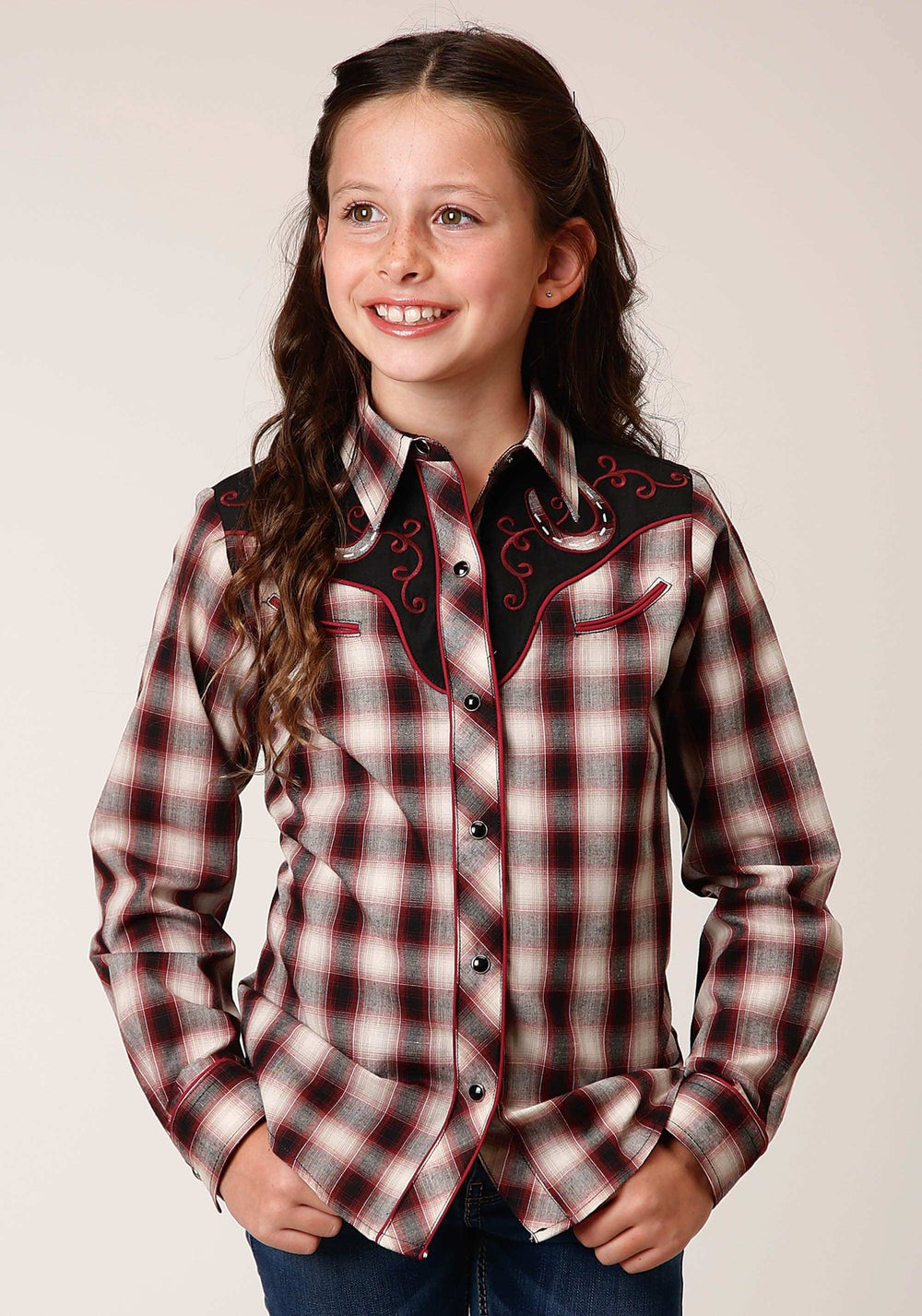 Roper Girls Long Sleeve Snap Wine Black Cream Plaid Western Shirt With Piping And Applique On Yokes - Roper - Flyclothing LLC