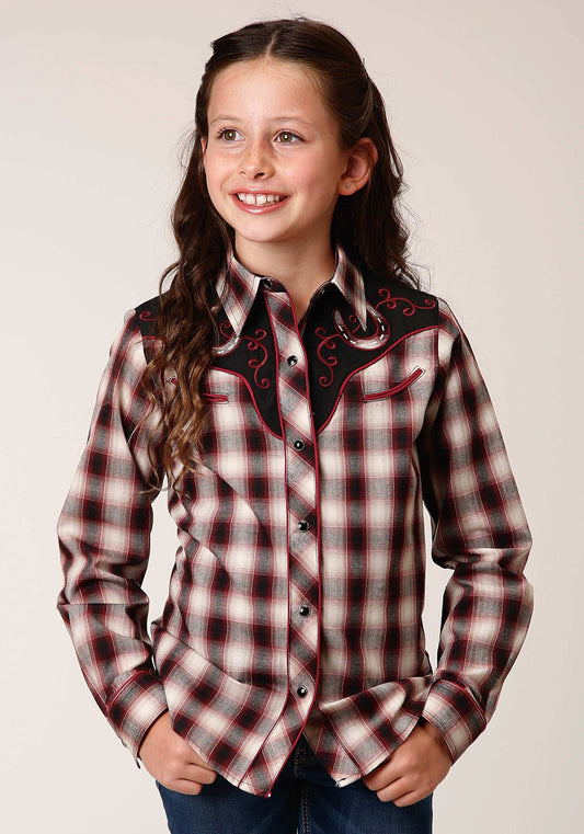 Roper Girls Long Sleeve Snap Wine Black Cream Plaid Western Shirt With Piping And Applique On Yokes - Roper - Flyclothing LLC
